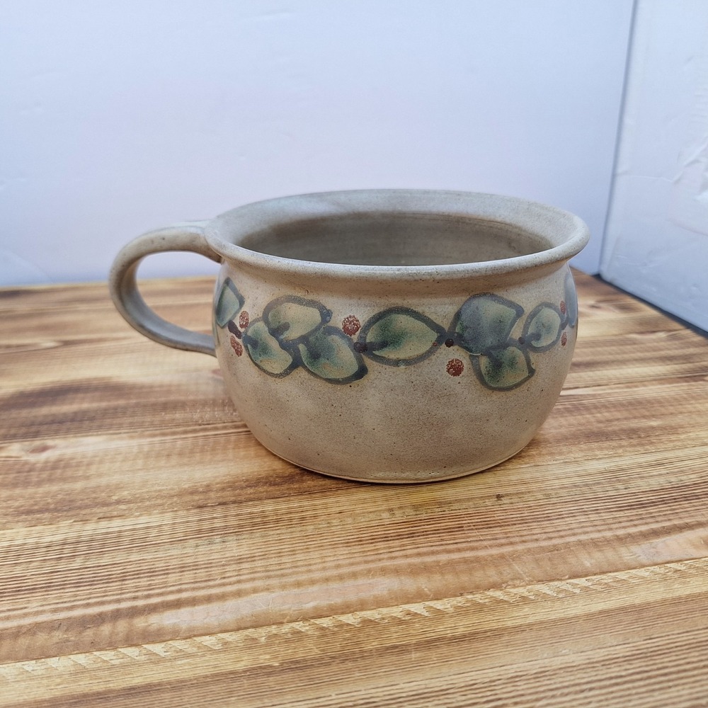Pottery Art Handmade Signed‎ Soup Bowl Cup With Handle Floral Oversized 5.5x3"